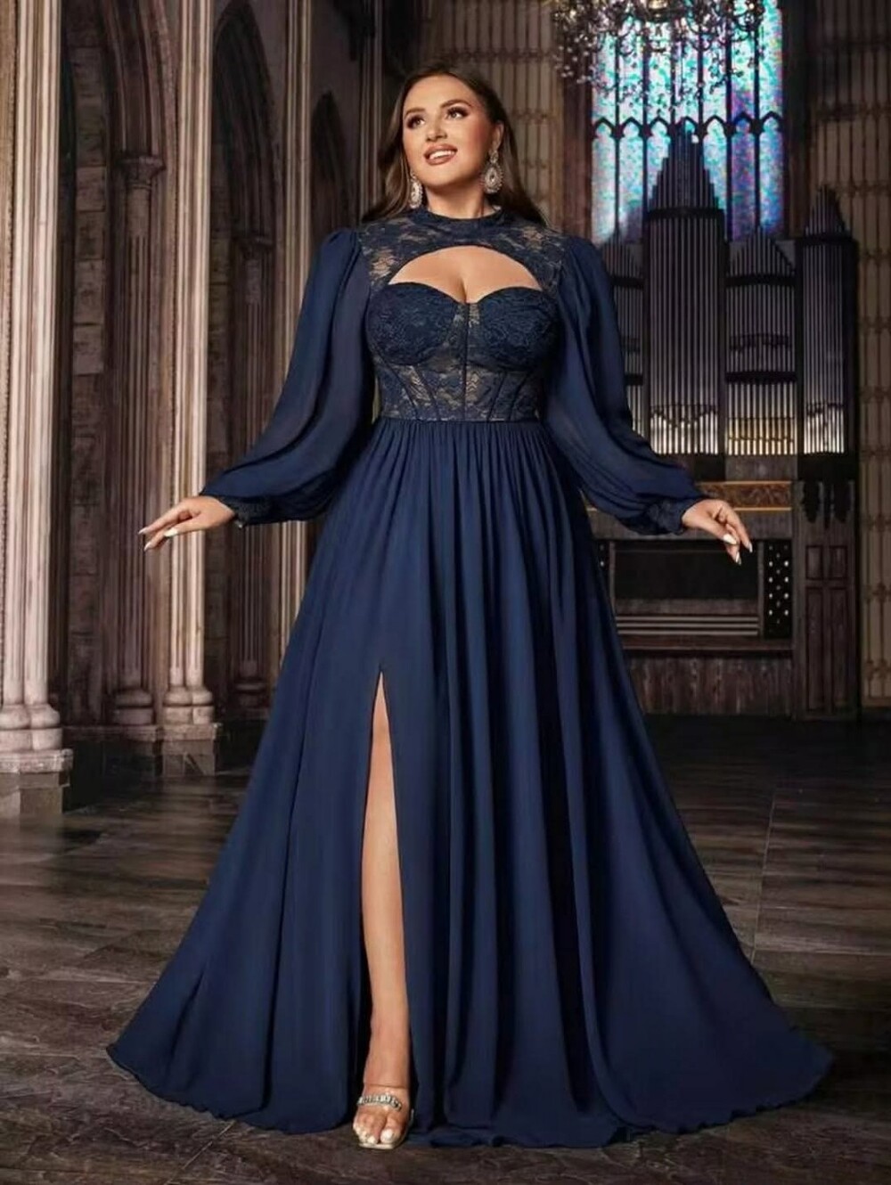 Navy Lace Bodice Maxi Dress with Sheer Long Sleeves
